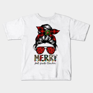 Merry 2nd Grade Teacher Messy Bun Merry Christmas Kids T-Shirt